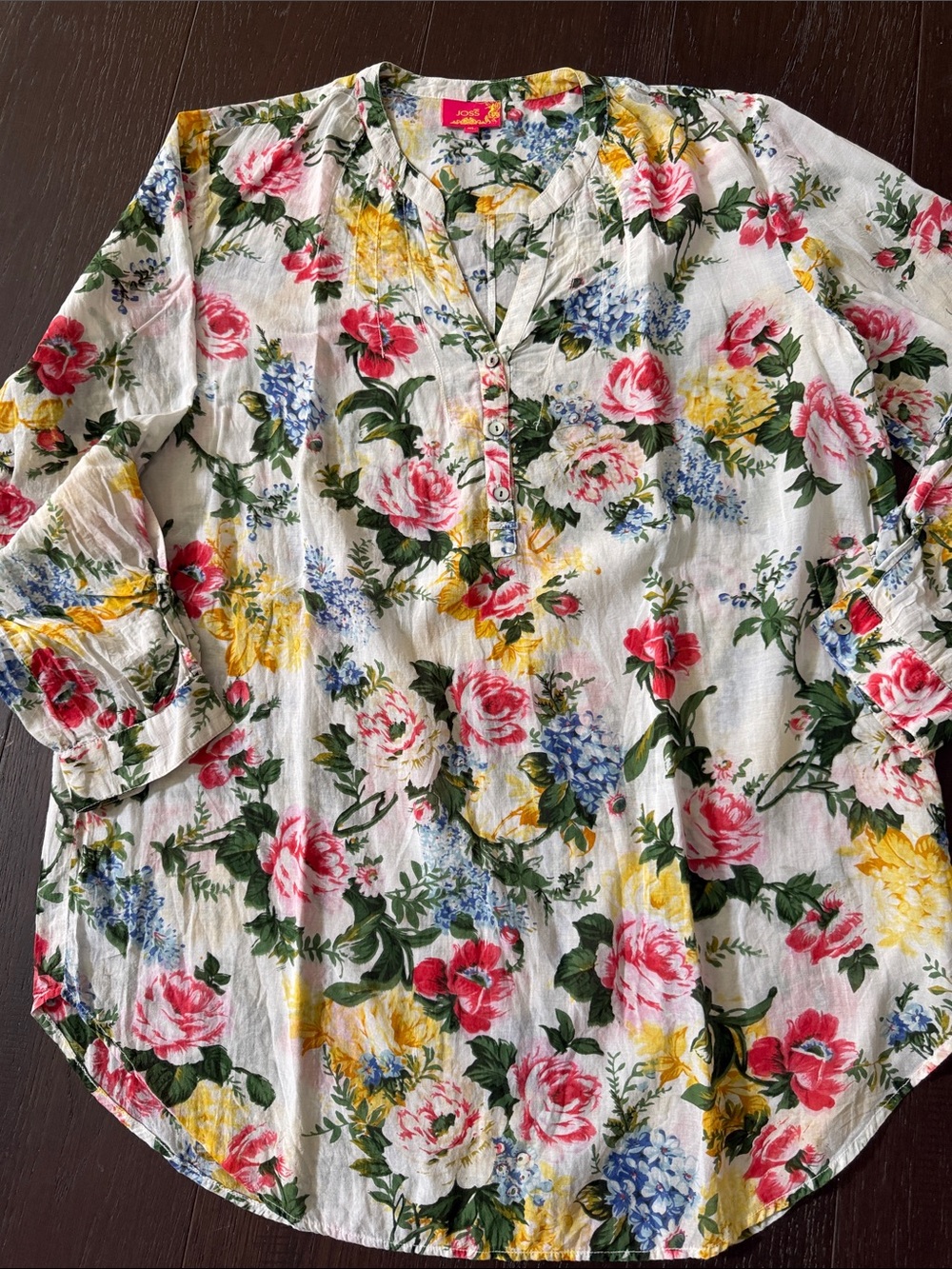 Floral Button-Front Women’s Tunic Top in White with Pink & Yellow Blooms